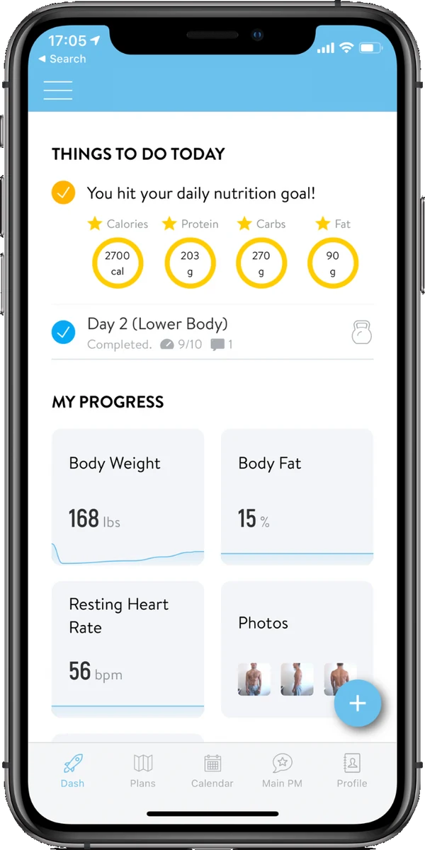 The AyFit app home screen, showing today's nutrition goal, a finished workout and progress