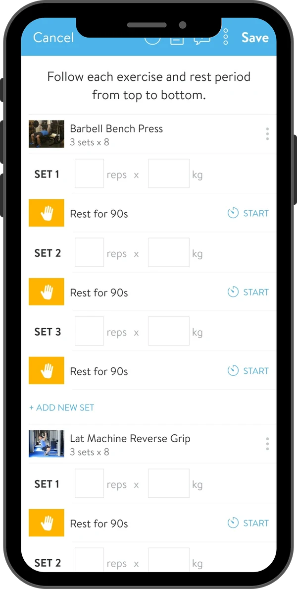 A workout in the AyFit app, with sets, reps, kilos and rest timers