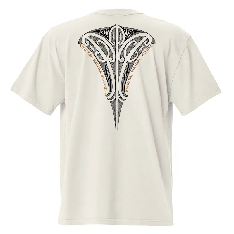 Mana tee, back, with Stronger, happier, healthier and Kia kaha, kia hari, kia ora